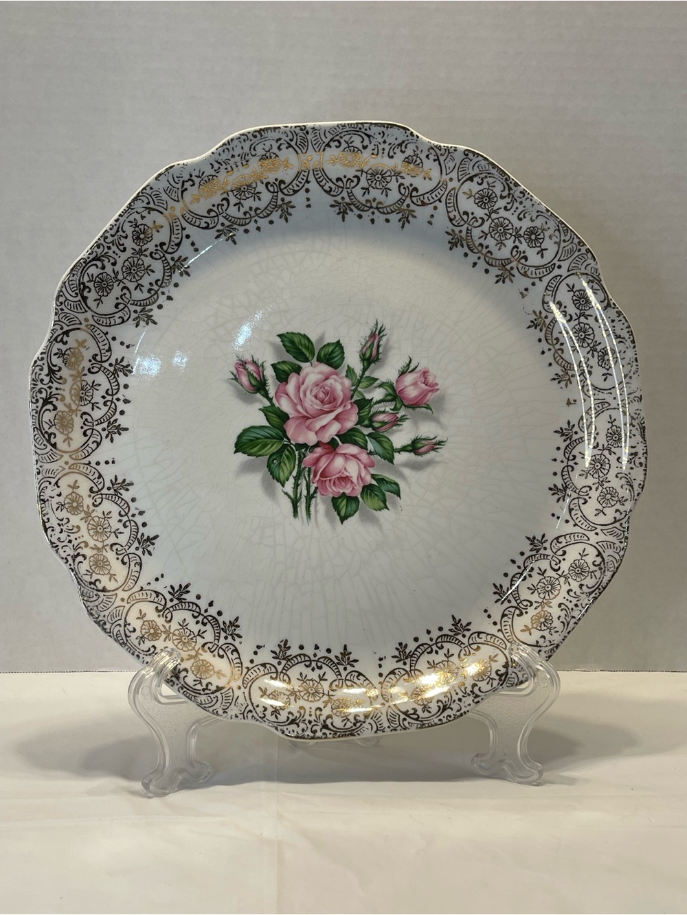 Georgian China White Dinner Plate with Pink Rose Motif and 22KT Gold Trim